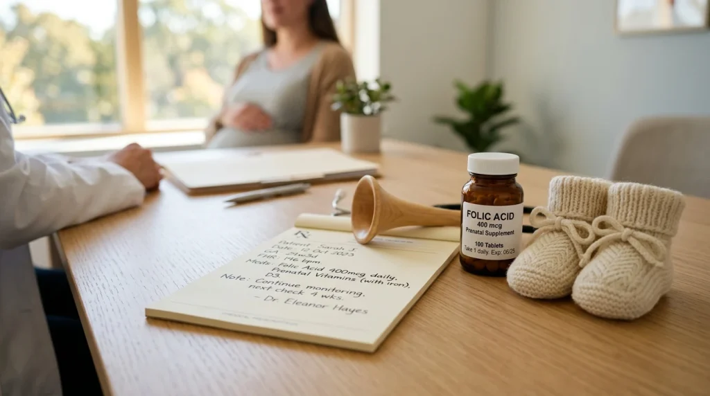 Bureau médical obstétrical avec ordonnance d'acide folique et chaussons de bébé
