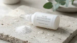 Blog 7 Flacon compte-gouttes de sérum au glutathion et poudre pure dermatologique sur pierre naturelle