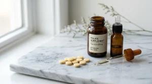 Blog 9 Comprimés d'acide folique 5 mg et flacon de vitamines sur marbre