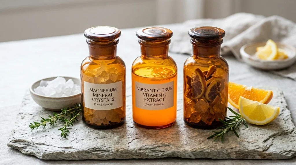 Prendre du magnésium et de la vitamine C ensemble : synergie, bienfaits et posologie idéale 4 Cristaux minéraux de magnésium et extraits d'agrumes riches en vitamine C dans des flacons d'apothicaire