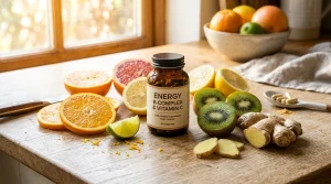 Pilulier de complexe d'énergie B et C avec tranches d'oranges et racine de gingembre