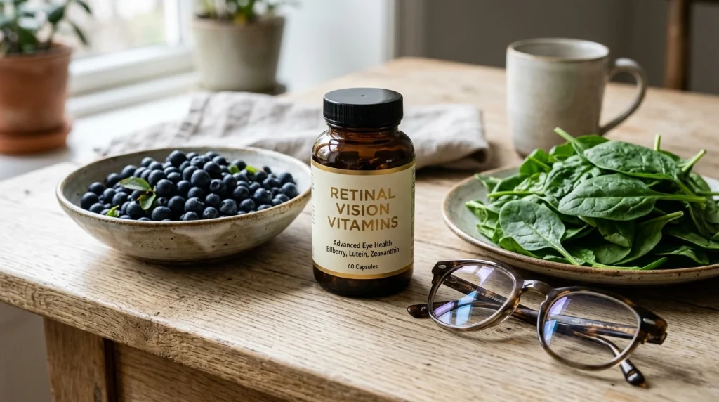 Flacon de vitamines rétiniennes avec bol de myrtilles et lunettes de vue