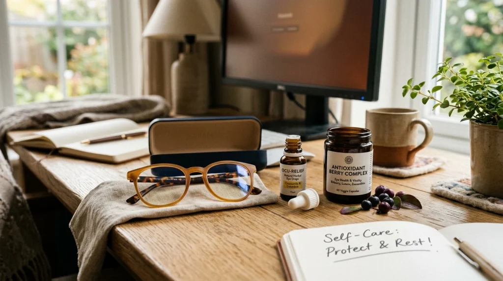 Vitamines pour les yeux fatigués : comment soulager la fatigue visuelle liée aux écrans 6 Lunettes anti-lumière bleue et compléments myrtille astaxanthine sur bureau