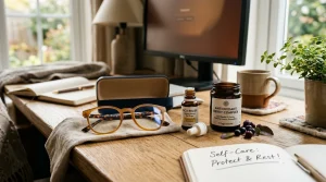 Blog 4 Lunettes anti-lumière bleue et compléments myrtille astaxanthine sur bureau